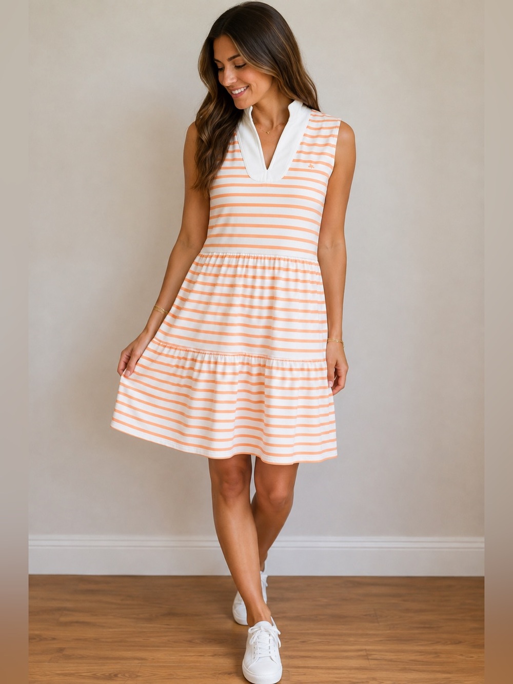 Nautica Orange White Striped Tiered Sleeveless Dress Size S Pockets